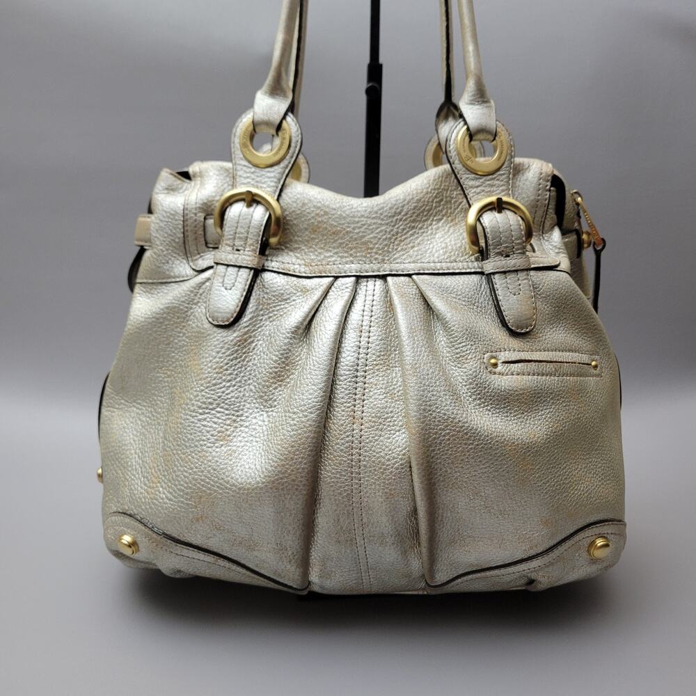B Makowsky Double Handle Zip Shoulder Bag Pleated Leather Gold Medium Designer
